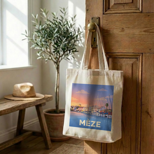 Tote bag souvenir de la ville de Mèze avec une illustration stylisée de son port.