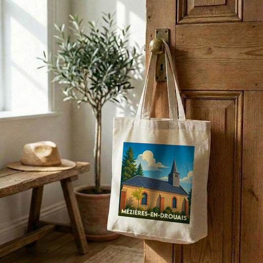 Tote bag souvenir de la ville de Mézières-en-Drouais avec une illustration stylisée de son église.