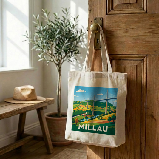 Tote bag souvenir de la ville de Millau avec une illustration stylisée de son célèbre viaduc.