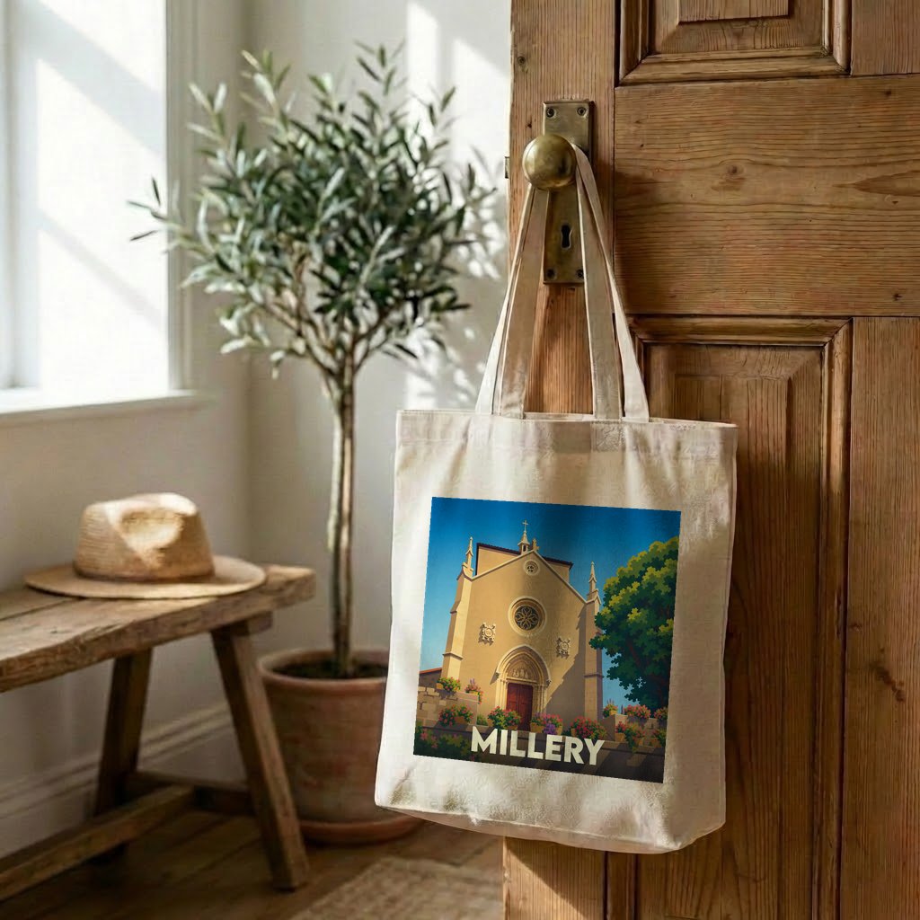 Tote bag souvenir de la ville de Millery avec une illustration stylisée d'une église sous un ciel bleu.
