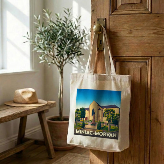 Tote bag souvenir de la ville de Miniac-Morvan avec une illustration stylisée.