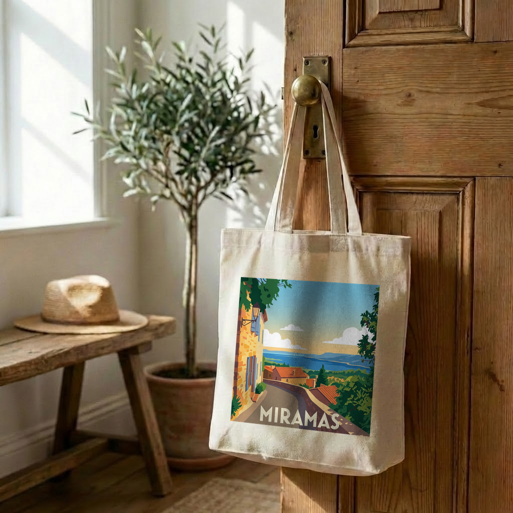 Tote bag souvenir de la ville de Miramas avec une illustration stylisée.