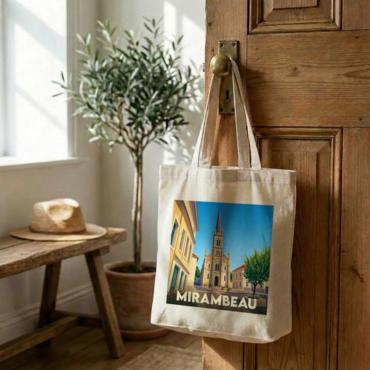 Tote bag souvenir de la ville de Mirambeau avec une illustration stylisée.