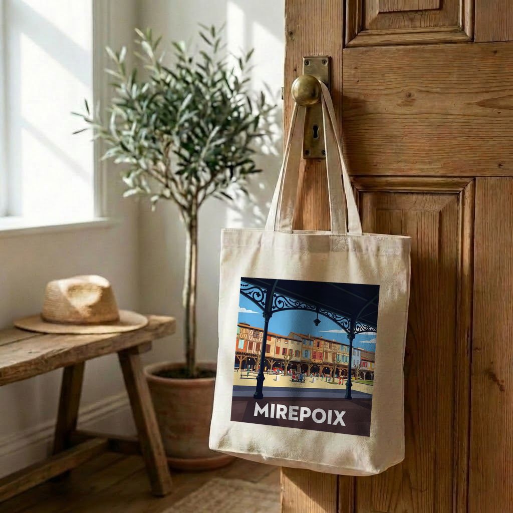 Tote bag souvenir de la ville de Mirepoix avec une illustration stylisée.