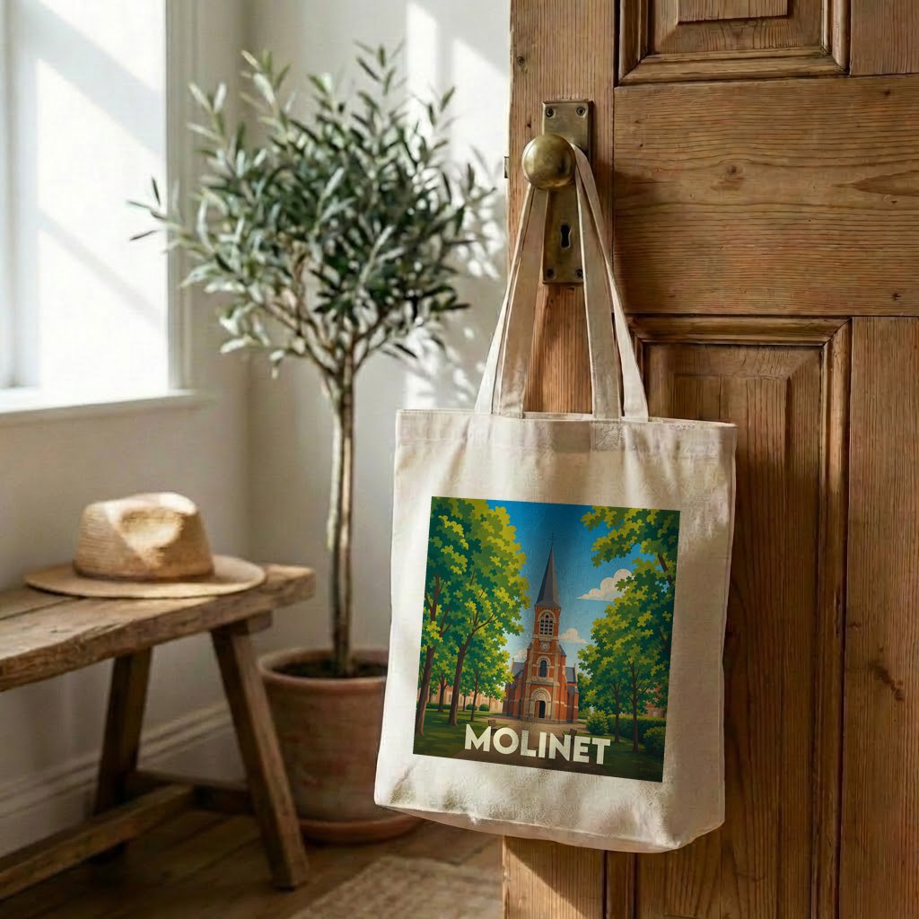 Tote bag souvenir de la ville de Molinet avec une illustration stylisée d'une église.