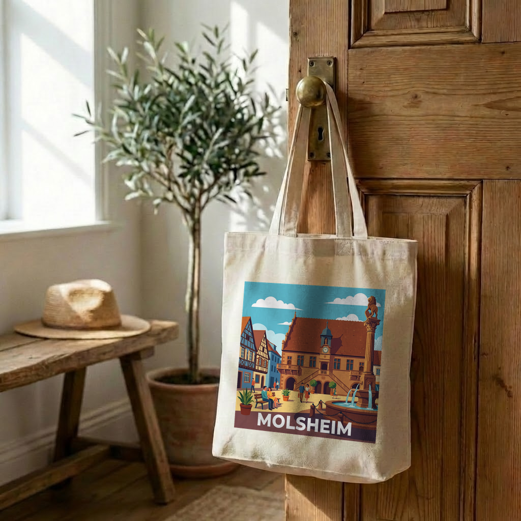 Tote bag souvenir de la ville de Molsheim avec une illustration stylisée et colorée.