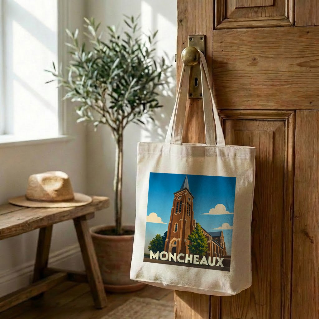Tote bag souvenir de la ville de Moncheaux avec une illustration stylisée d'une église.