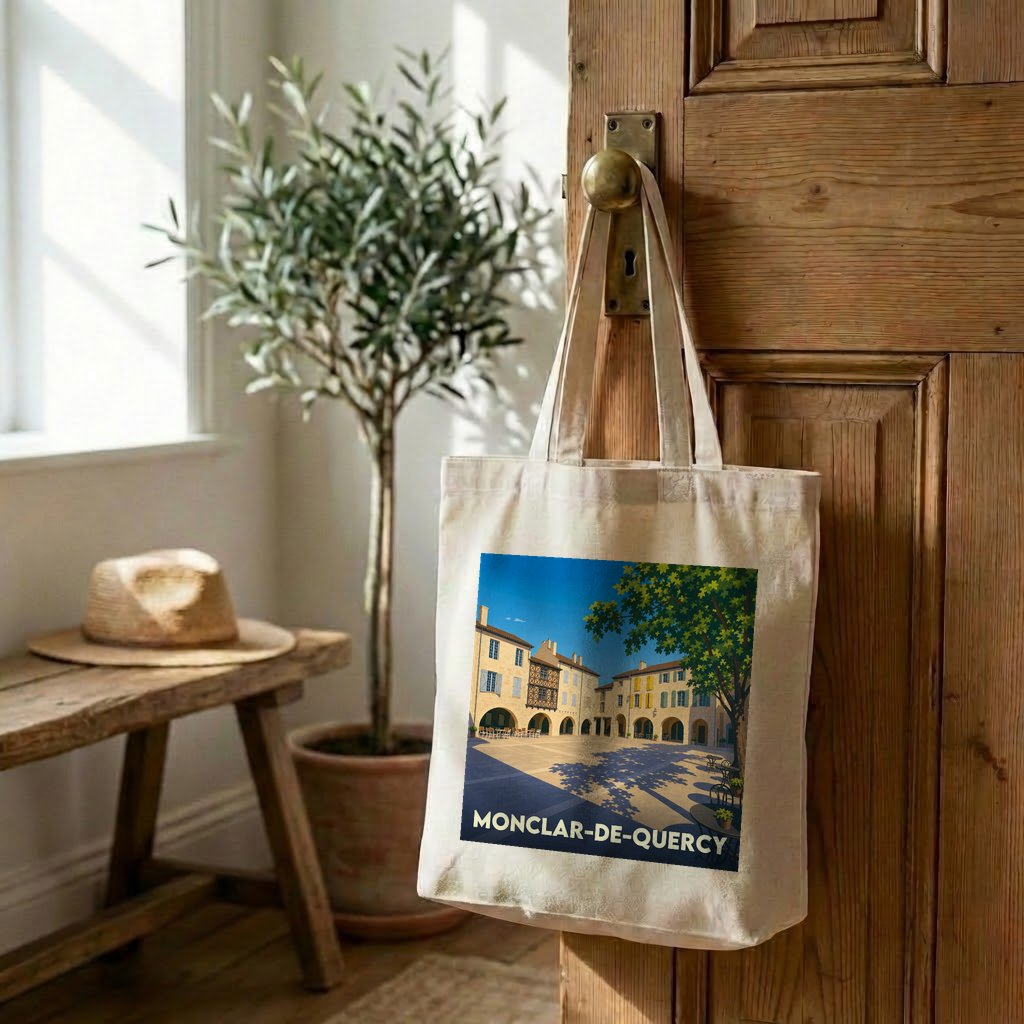 Tote bag souvenir de la ville de Monclar-de-Quercy avec une illustration stylisée de sa place principale.