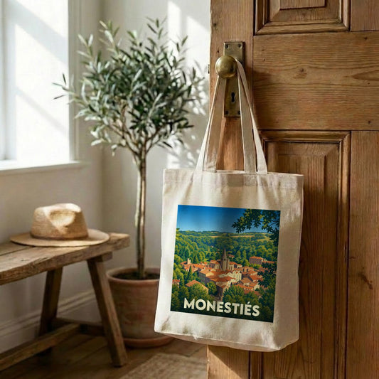 Tote bag souvenir de la ville de Monestiés avec une illustration stylisée de son paysage urbain.