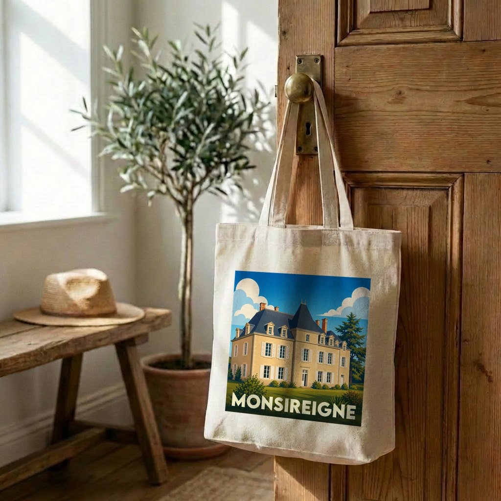 Tote bag souvenir de la ville de Monsireigne avec une illustration stylisée d'un château.