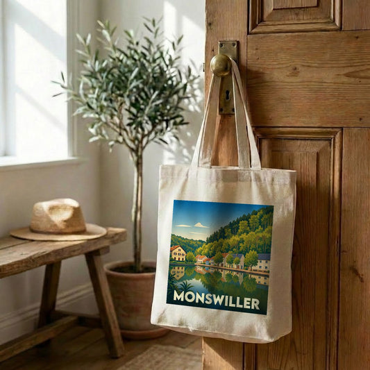 Tote bag souvenir de la ville de Monswiller avec une illustration stylisée d'un paysage au bord de l'eau.