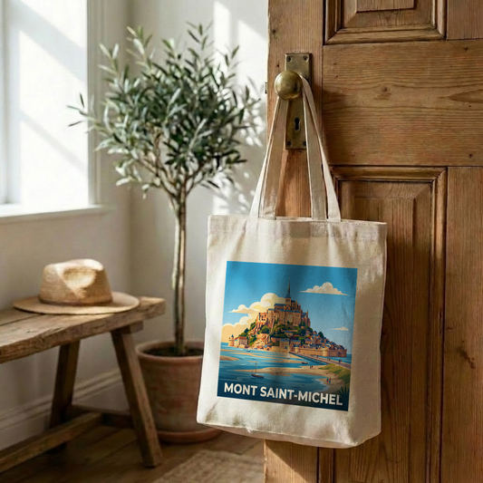 Tote bag souvenir du Mont Saint-Michel avec une illustration stylisée.