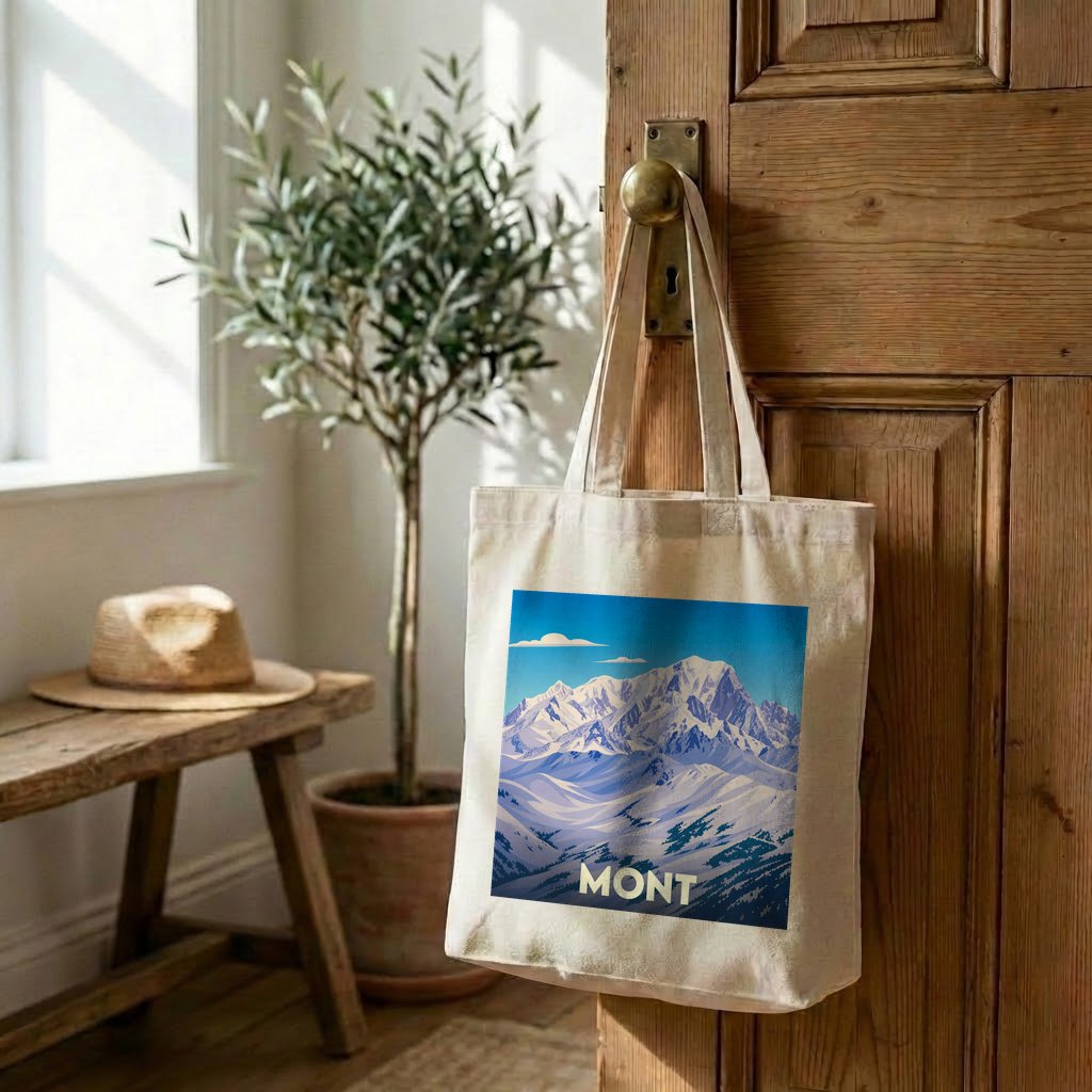 Tote bag souvenir de la ville de Mont avec une illustration de montagnes enneigées.