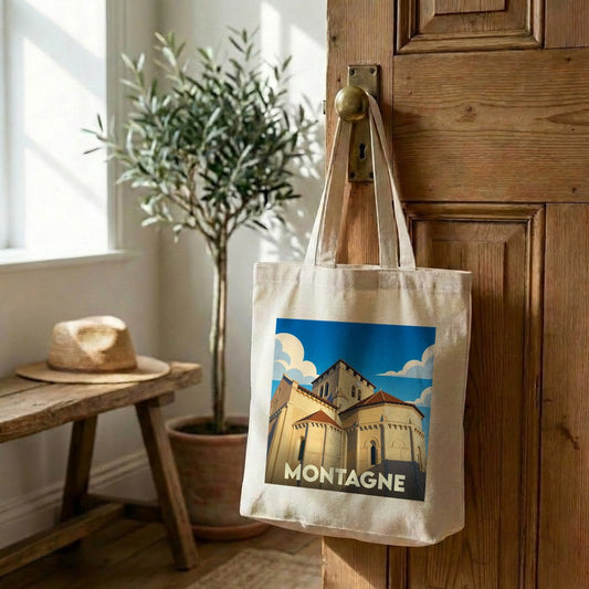Tote bag souvenir de la ville de Montagne avec une illustration stylisée de son église.