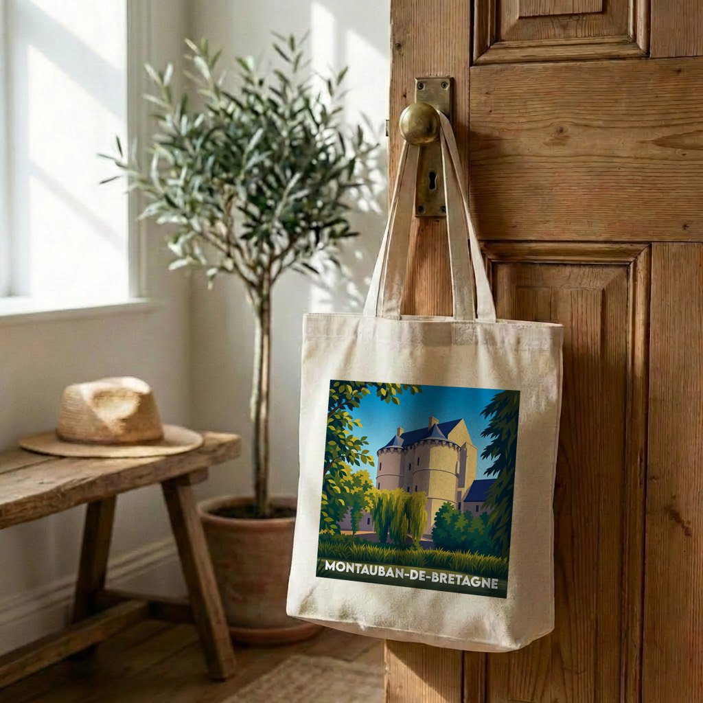 Tote bag souvenir de la ville de Montauban-de-Bretagne avec une illustration stylisée de son château.