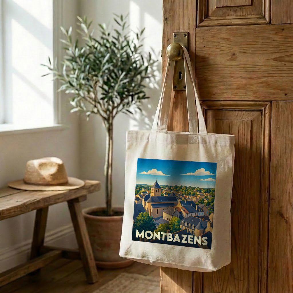 Tote bag souvenir de la ville de Montbazens avec une illustration stylisée.