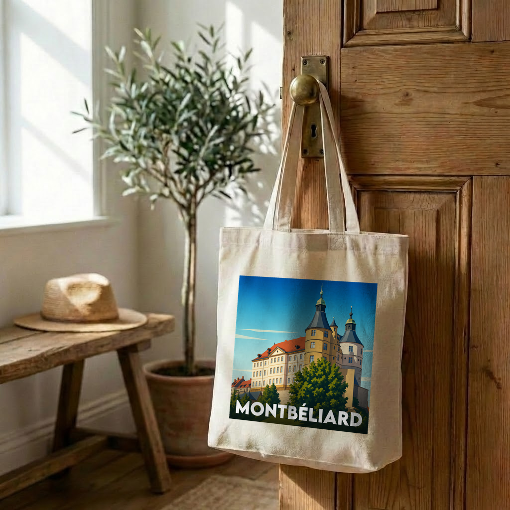 Tote bag souvenir de la ville de Montbéliard avec une illustration stylisée du château.
