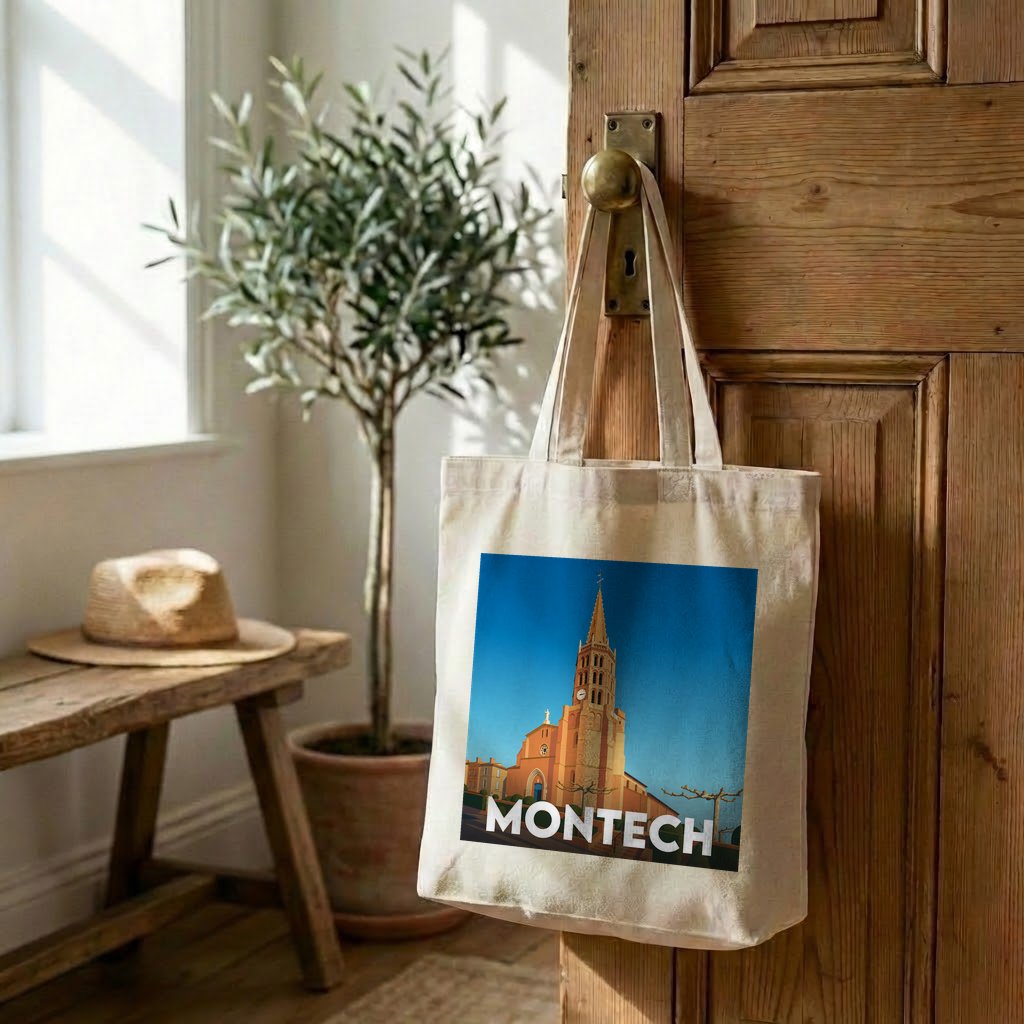 Tote bag souvenir de la ville de Montech avec une illustration stylisée de son église.