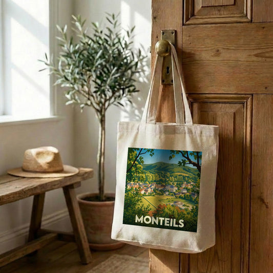 Tote bag souvenir de la ville de Monteils avec une illustration paysagère stylisée.