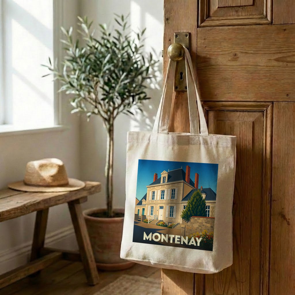 Tote bag souvenir de la ville de Montenay avec une illustration stylisée d'une maison bourgeoise.