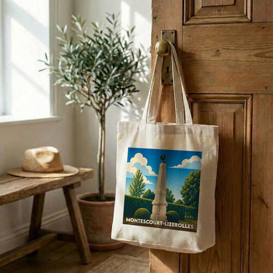 Sac cabas souvenir de la ville de Montescourt-Lizerolles avec une illustration stylisée d'un monument historique.