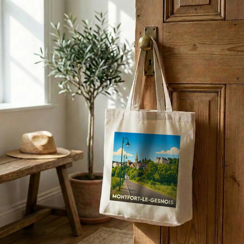 Sac cabas souvenir de la ville de Montfort-le-Gesnois avec une illustration stylisée.