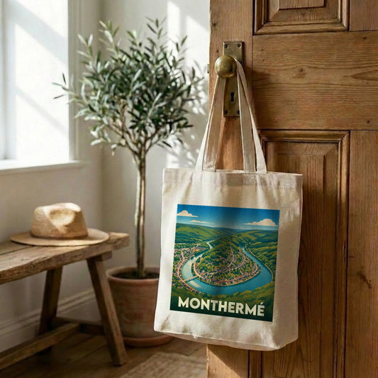 Tote bag souvenir de la ville de Monthermé avec une illustration stylisée.