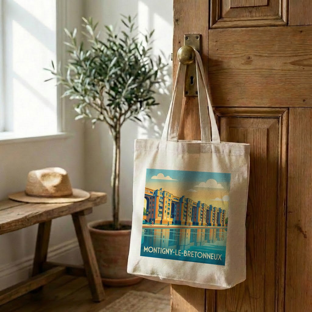 Tote bag souvenir de la ville de Montigny-le-Bretonneux avec une illustration stylisée.