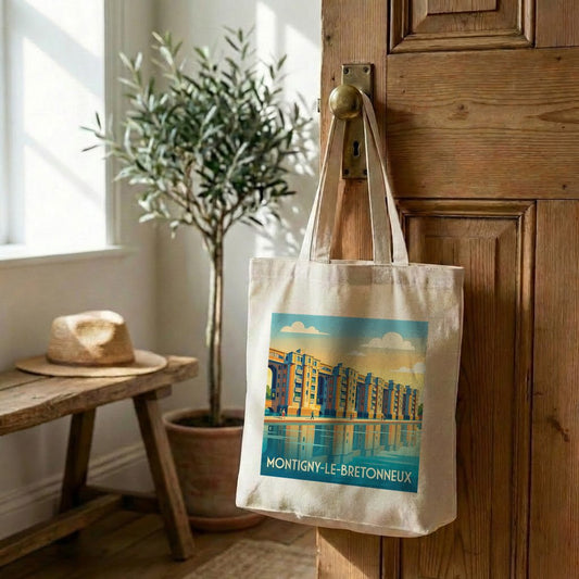 Tote bag souvenir de la ville de Montigny-le-Bretonneux avec une illustration stylisée.