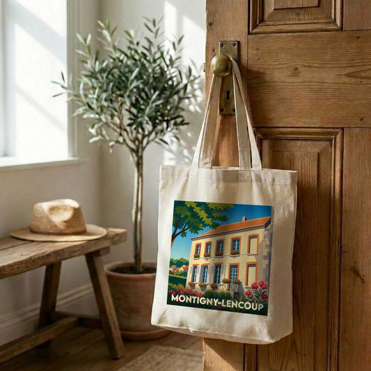Tote bag souvenir de la ville de Montigny-Lencoup avec une illustration stylisée.