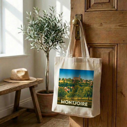 Tote bag souvenir de la ville de Montjoire avec une illustration stylisée de son paysage.