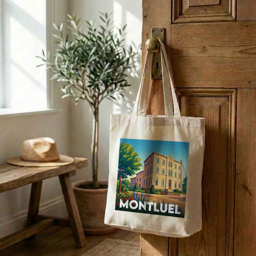 Tote bag souvenir de la ville de Montluel avec une illustration stylisée.