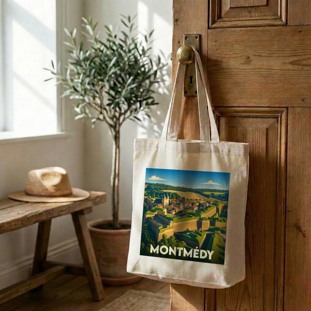 Tote bag souvenir de la ville de Montmédy avec une illustration stylisée.