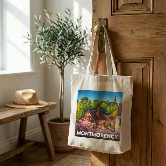 Tote bag souvenir de la ville de Montmorency avec une illustration stylisée.