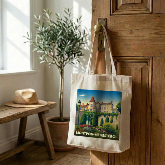 Tote bag souvenir de la ville de Montpon-Ménestérol avec une illustration stylisée.