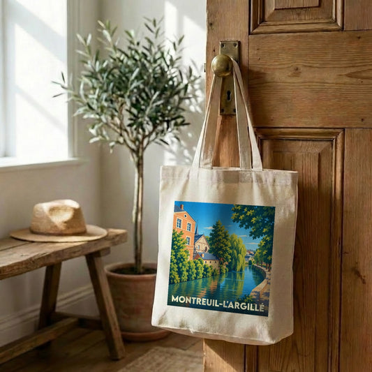 Tote bag souvenir de la ville de Montreuil-l'Argillé avec une illustration stylisée.