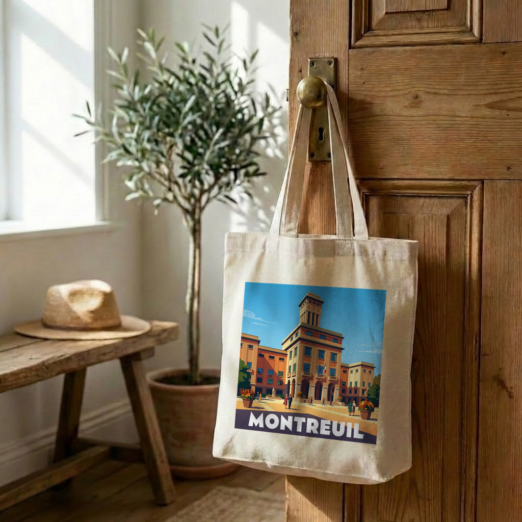 Tote bag souvenir de la ville de Montreuil avec une illustration stylisée.