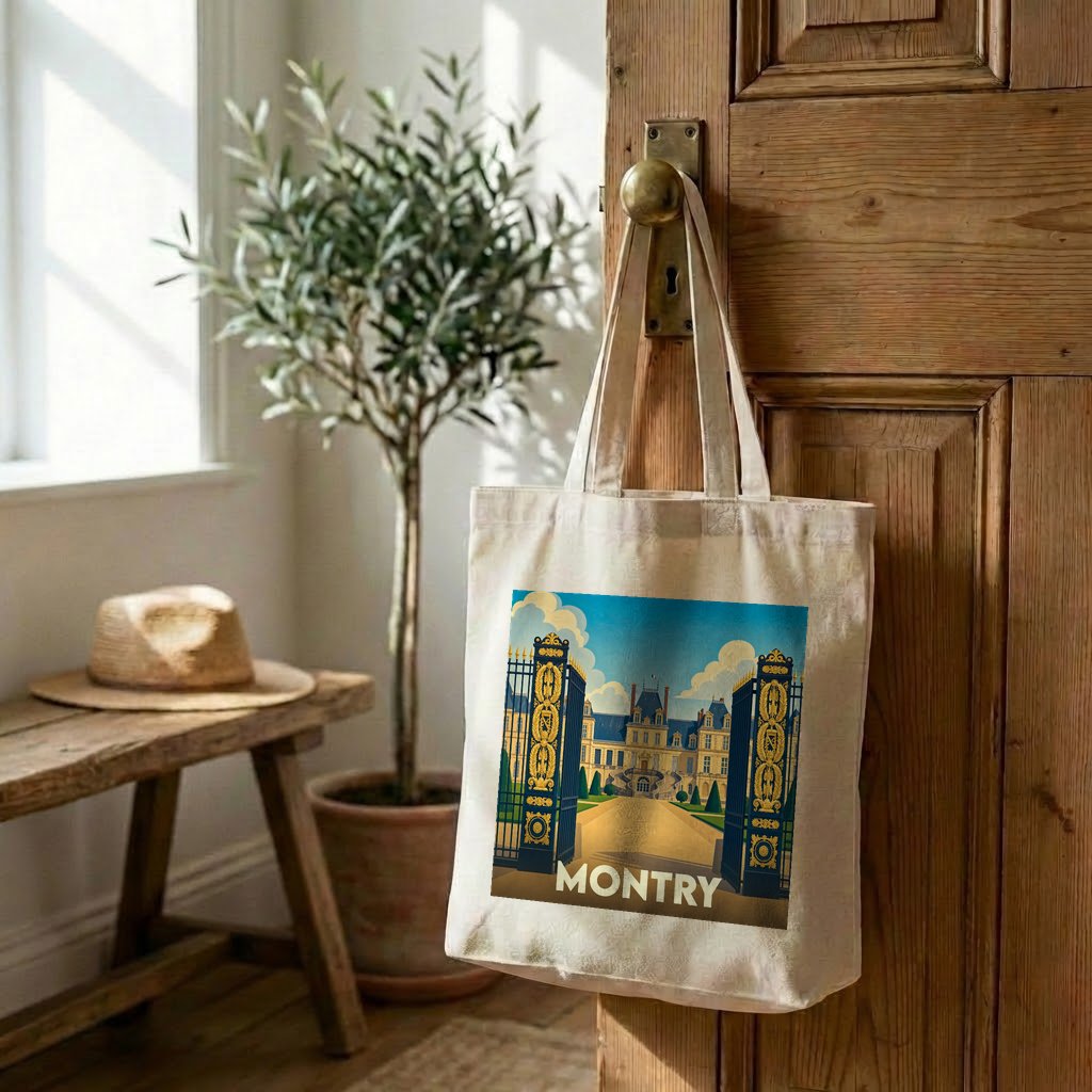 Tote bag souvenir de la ville de Montry avec une illustration stylisée d'un château.