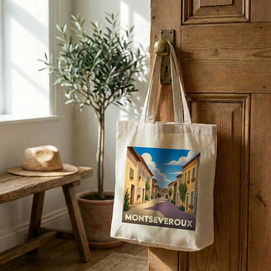 Tote bag souvenir de la ville de Montseveroux avec une illustration stylisée.