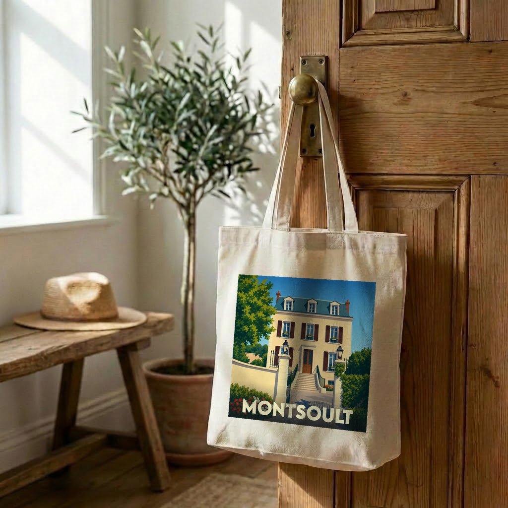Tote bag souvenir de la ville de Montsoult avec une illustration stylisée.