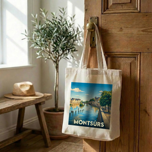 Tote bag souvenir de la ville de Montsûrs avec une illustration stylisée.