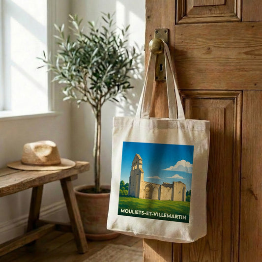 Tote bag souvenir de la ville de Mouliets-et-Villemartin avec une illustration stylisée de son église.