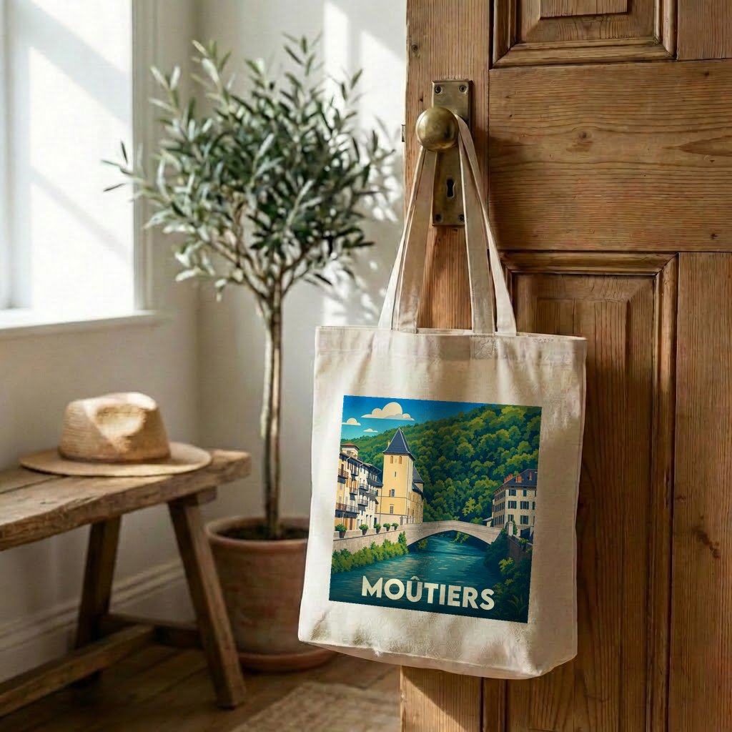 Tote bag souvenir de la ville de Moûtiers avec une illustration stylisée.