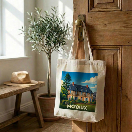 Tote bag souvenir de la ville de Moyaux avec une illustration stylisée.