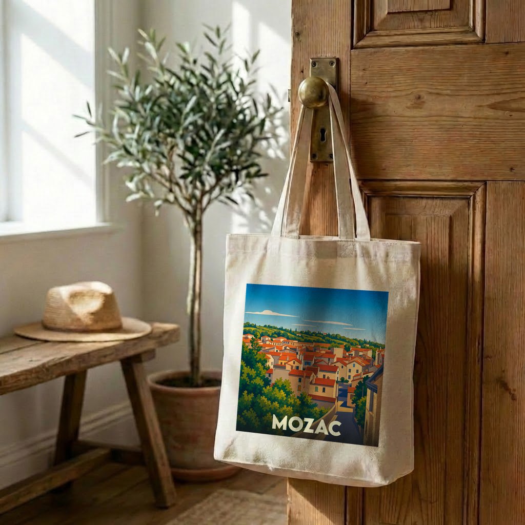 Tote bag souvenir de la ville de Mozac avec une illustration stylisée.