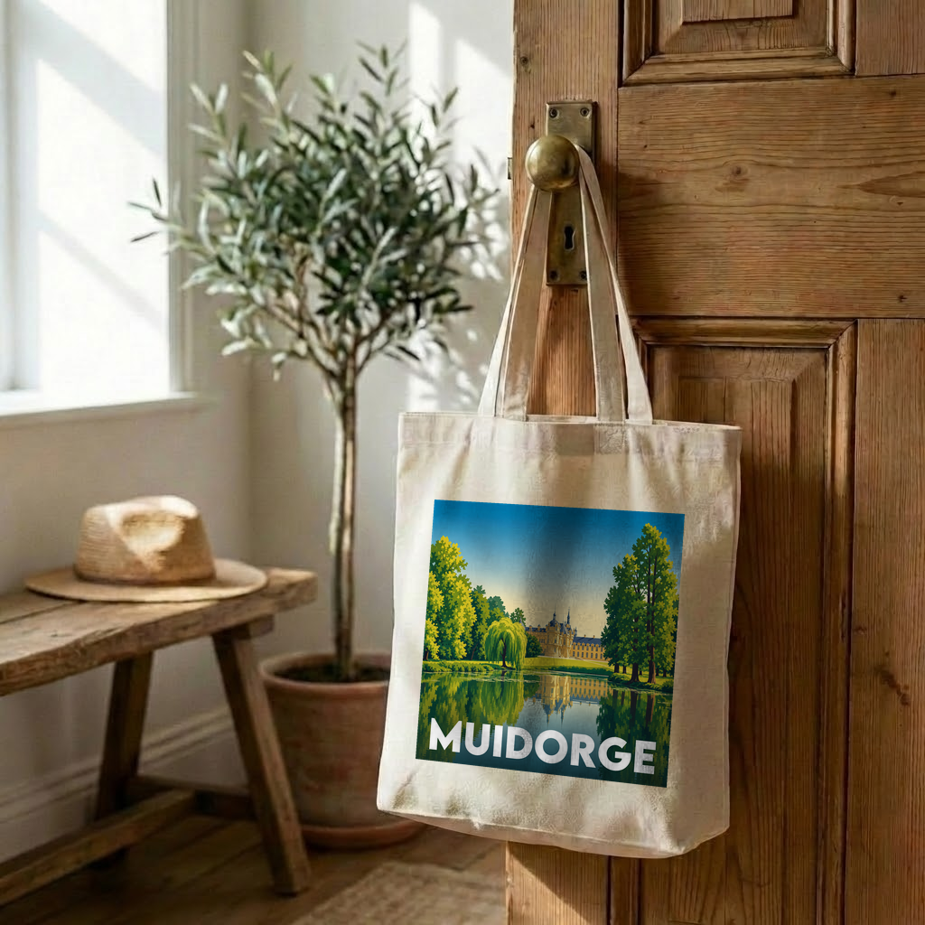 Tote bag souvenir de la ville de Muidorge avec une illustration stylisée.