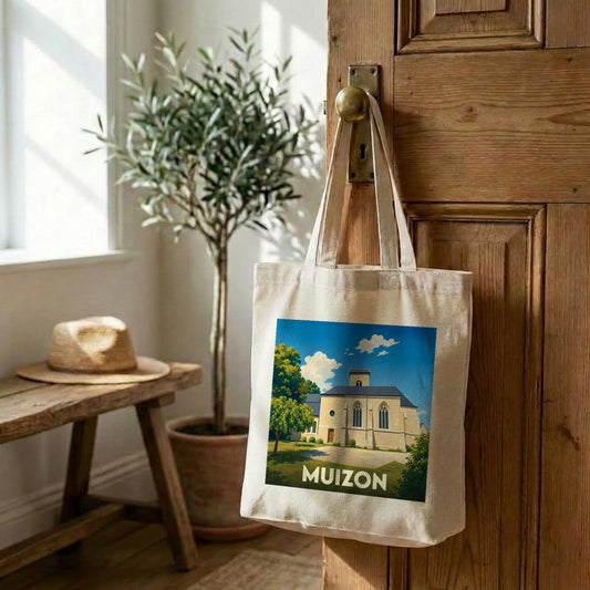 Tote bag souvenir de la ville de Muizon avec une illustration stylisée d'une église.