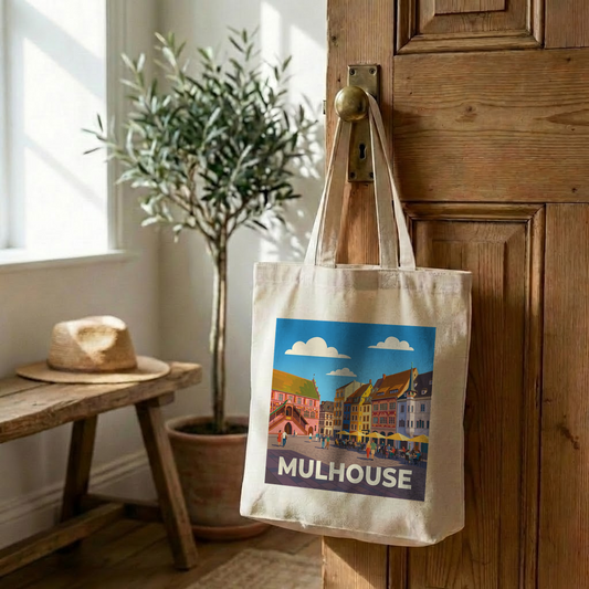 Tote bag souvenir de la ville de Mulhouse avec une illustration stylisée.