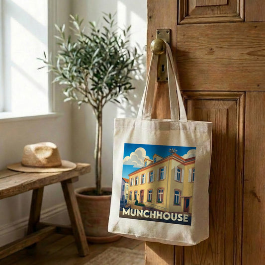 Tote bag souvenir de la ville de Munchhouse avec une illustration stylisée.