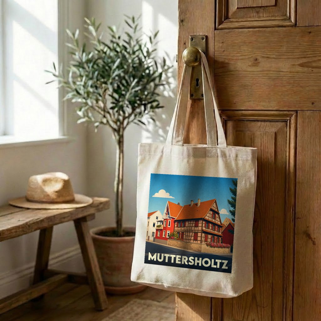 Tote bag souvenir de la ville de Muttersholtz orné d'une illustration de maisons alsaciennes.